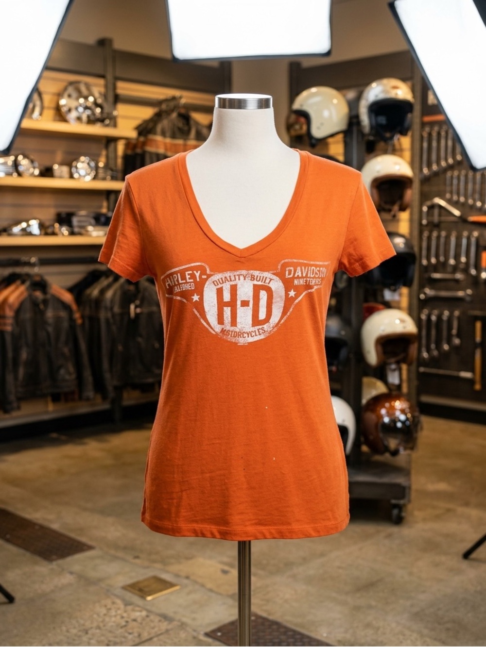 Authentic Vintage Harley-Davidson Orange V-Neck Tee with White H-D Logo